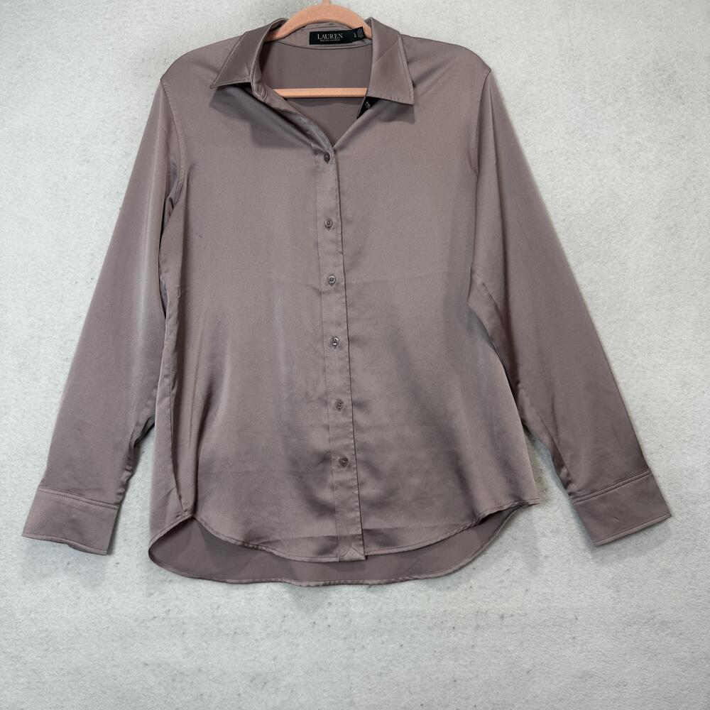 Lauren Ralph Lauren Shirt Womens Large Purple Satin Button Front Top Long Sleeve